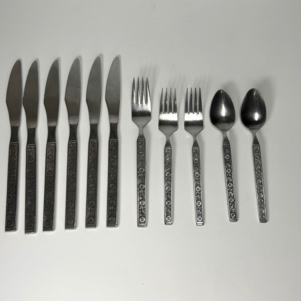 Vtg Gold Standard Night Blossom Flatware 11 Pc Japan Floral MCM‎